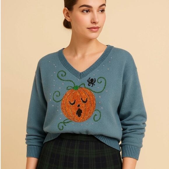 Vintage Halloween Sequin Jack O Lantern Pumpkin Coastal Grandma Sweater - Picture 1 of 13